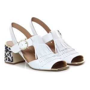 Mara Bini Fringe Leather Slingback Heels Leopard Block 39  9 US NWOT